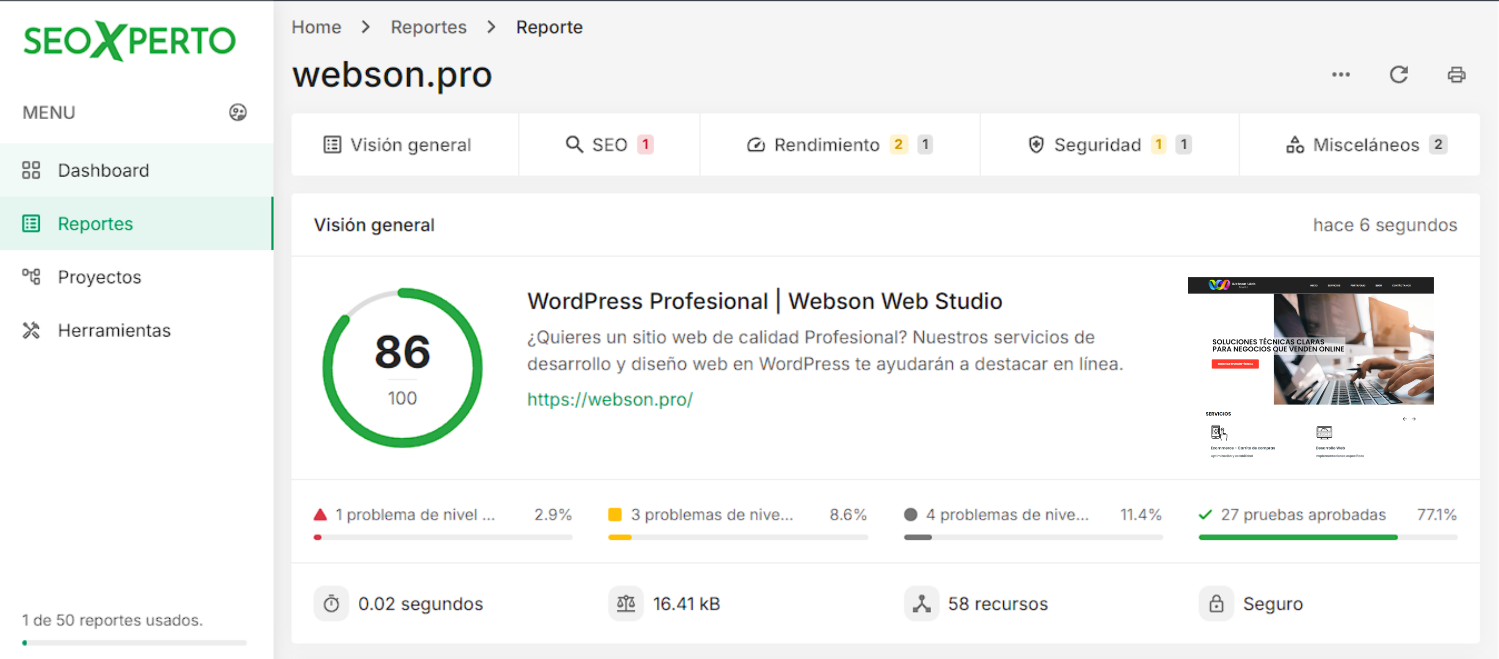 Vista previa de la interfaz del reporte SEO de SeoXperto